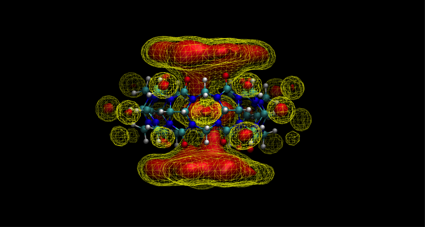 Contour plot of relative free energy density for hydration of cucurbit[7]uril system